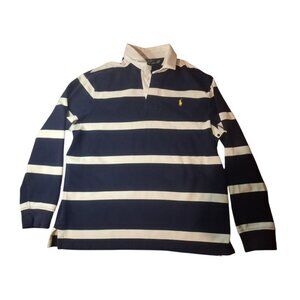 Polo Ralph Lauren Rugby Shirt Men's XL Blue White Striped Heavy Cotton Gold Logo
